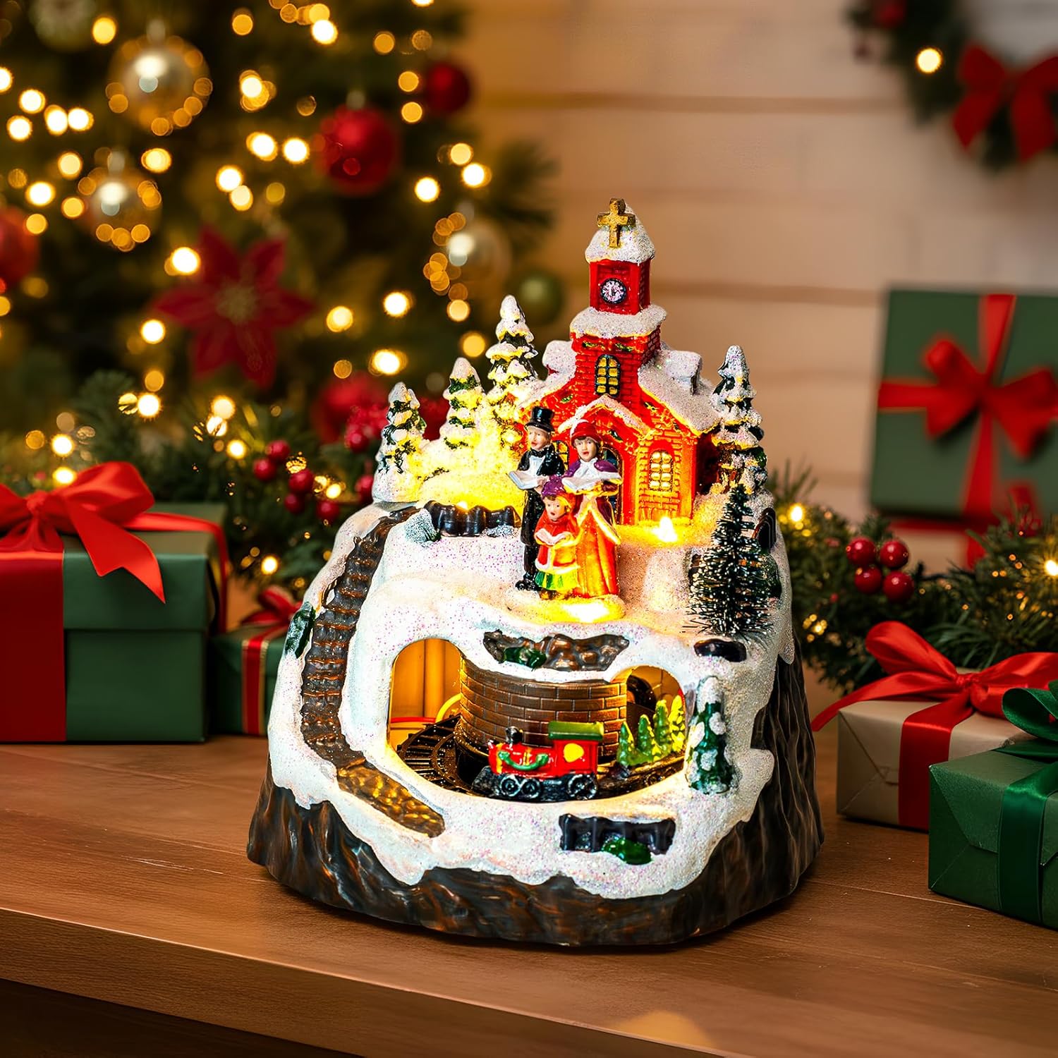 MXwcy Animated Christmas Village Decoration - Lighted Church Choir & Moving Train on Snowy Mountain