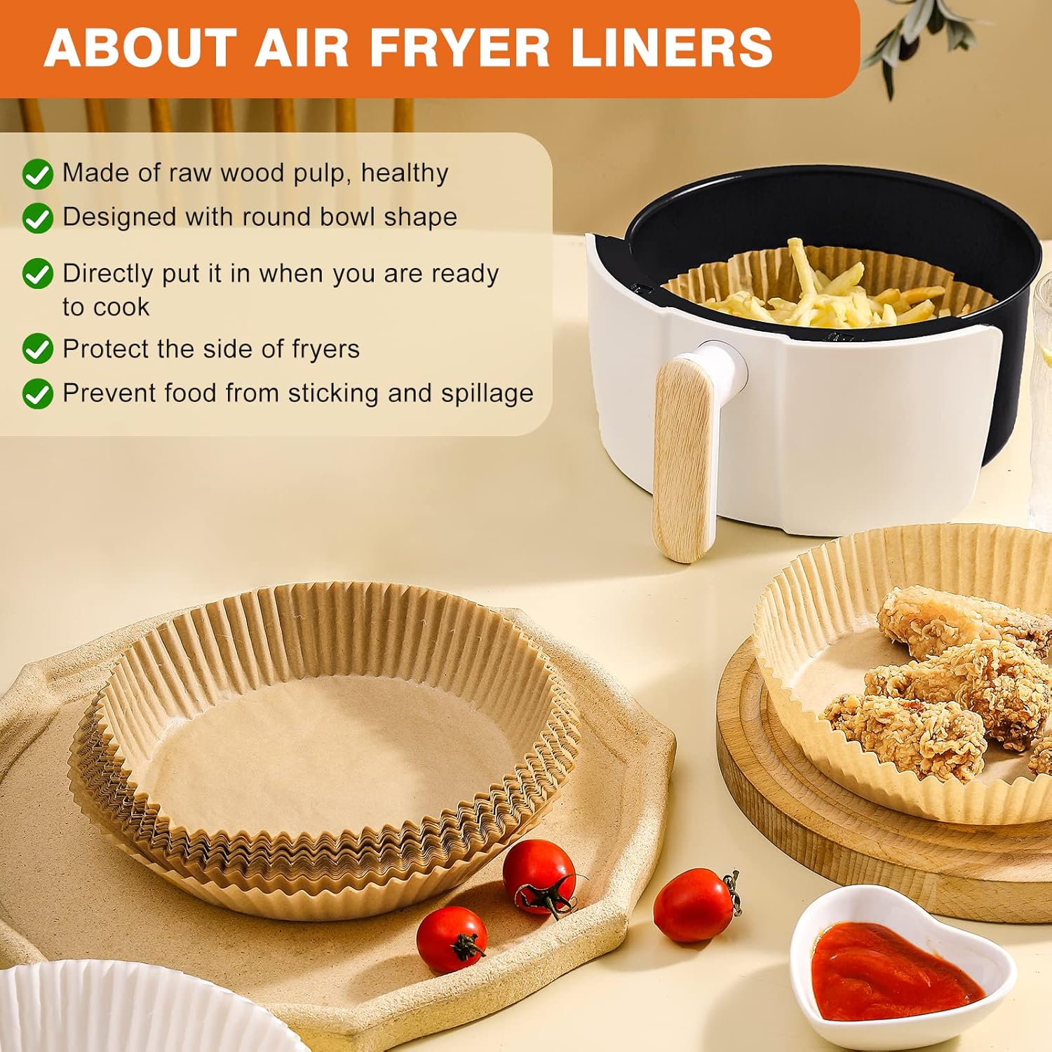 Vailnd Disposable Air Fryer Paper Liners - 9 Inch Oil-Proof Parchment for 8-12 QT Air Fryers | 100 Pcs