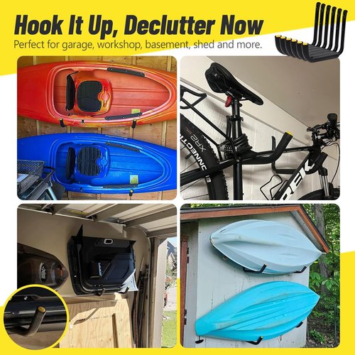 GEEDAR Heavy Duty Garage Storage Hooks - 15" Thickened Steel, 120 LB Capacity | 4-Pack Kayak & Bike Hangers
