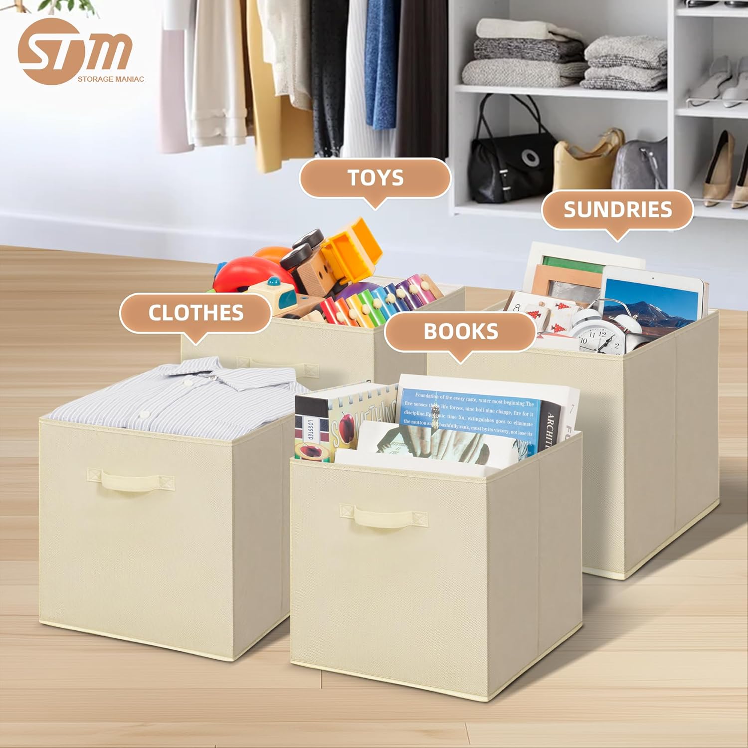 Storage Maniac Storage Cubes - 13-Inch Collapsible Fabric Bins with Handles | 10-Pack Beige for Easy Organization