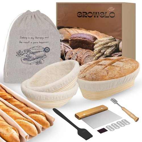 Benneton Proofing Basket Set of 3: 9' & 10' Round, 10" Oval Rattan Bread Baskets with Cloth Lining + Bread Lame & Silicon Brush