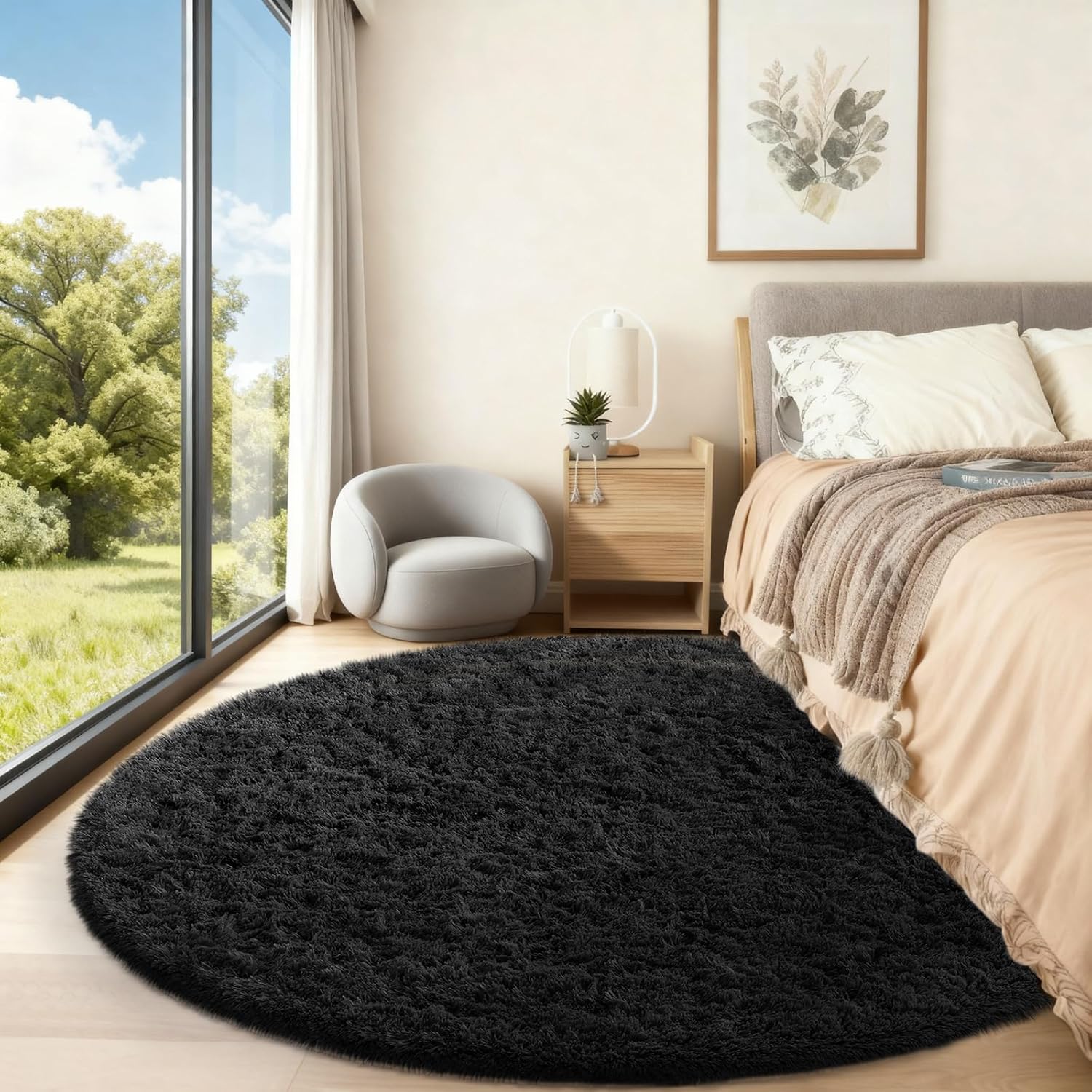 Ophanie Round Rug - 6Ft Black Circle Area Rug | Fluffy Soft Shaggy Carpet for Bedroom & Nursery Decor