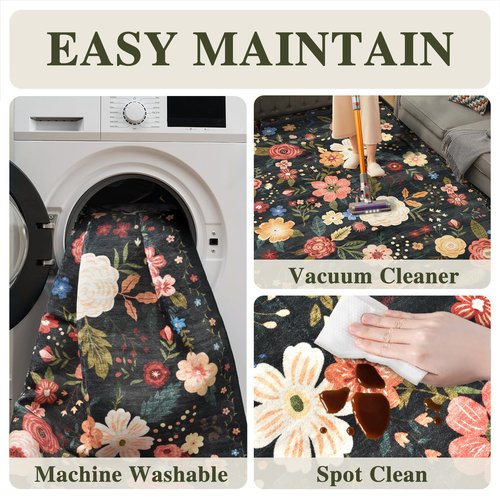 8x10 Washable Area Rug for Living Room, Floral Non-Slip Non-Shedding & Easy Care Black Green Large Soft Low Pile Indoor Floor Carpet for Living Room Bedroom Farmhouse Dining Room Kids Playroom