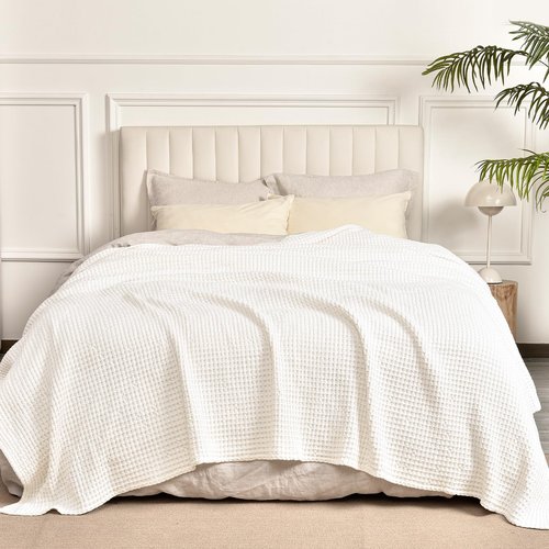 PHF 400GSM 100% Washed Cotton Waffle Weave Blanket, Cozy Breathable Skin-Friendly Throw King Size for All Season, Luxury Fall Layer for Couch Bed Sofa, Elegant Home Decor, Coconut White,104"x90"
