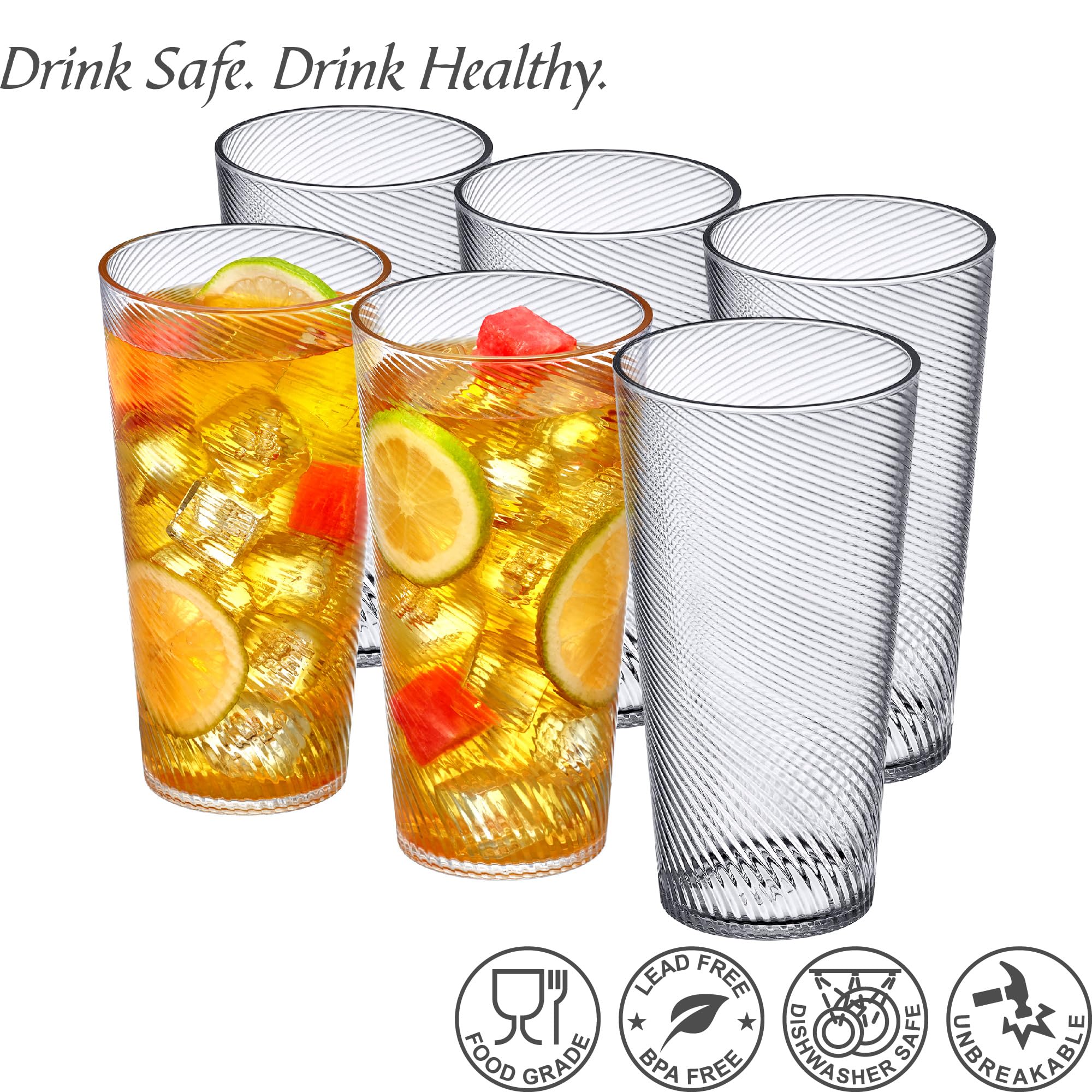 Amazing Abby - Breeze - 30-Ounce Plastic Tumblers (Set of 6), Iced-Tea Drinking Glasses, All-Clear Reusable Cups, Stackable, BPA-Free, Shatter-Proof, Dishwasher-Safe