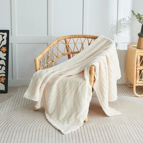 Lifein Throw Blanket - Cream Wave Boho Fleece Blanket | Soft, Lightweight & Cozy (50x60in)
