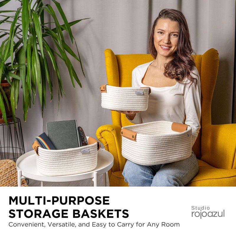 Rope Storage Basket with Leather Handles - Stylish Nursery Storage Bins - Multipurpose Woven Rope Basket - Durable Cotton Organizer - Perfect Gifts for Kids' Room - Small Woven Basket - 3 Sizes