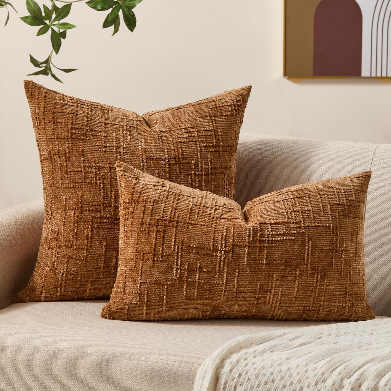 Allorry Fall Decorative Couch Throw Pillow Covers 18x18 Set of 2 Rust Soft Chenille Pillow Covers Neutral Textured Boho Cushion Covers for Modern Farmhouse Sofa Bedroom Living Room Decor SY008-B18