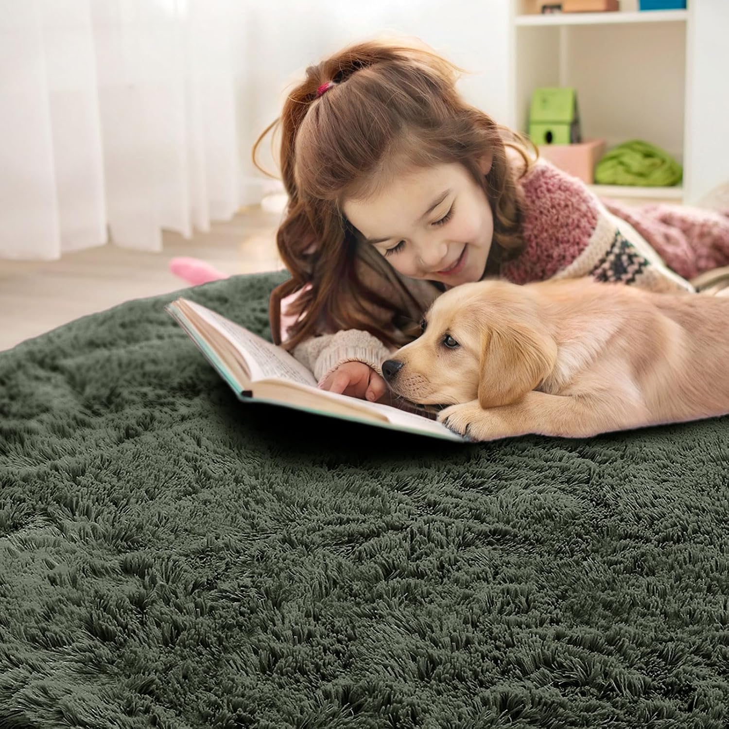 OLANLY Olive Green Round Area Rug - Soft, Fluffy, Machine Washable 7 ft Circle Carpet for Bedroom & Living Room Decor