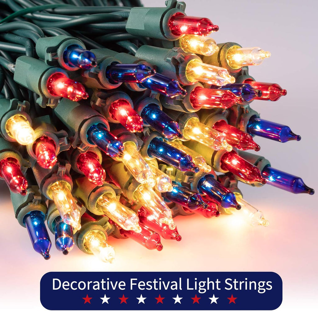 Patriotic Mini String Lights by 4th of July - 200 Count, 50 Feet Waterproof Red, White & Blue