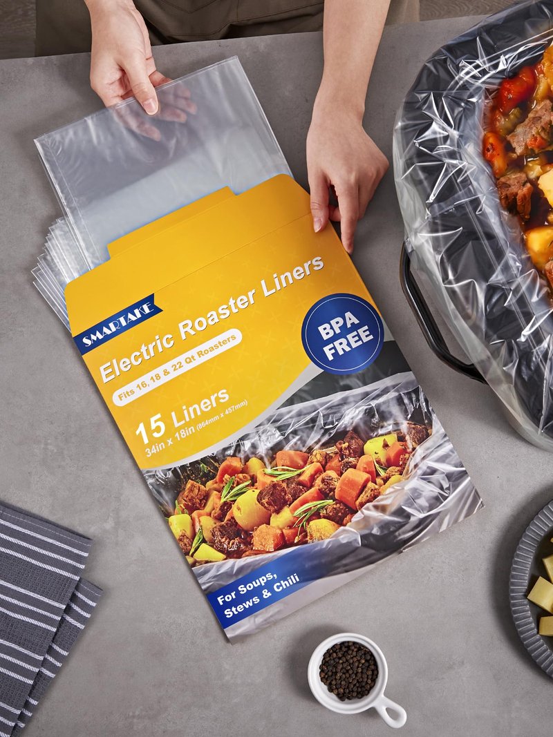SMARTAKE Electric Roaster Liners, 15 Count Disposable Roaster Liners, Fits 16, 18, 22 Quart Roasters, Roaster Pan Oven Liners Plastic Cooking Bags for Instant Cleanup, 18 x 34 Inch