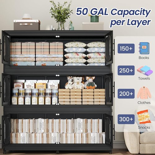 250GAL Extra Large Storage Bins - Stackable Collapsible Containers with Lids & Wheels | 5-Pack Black