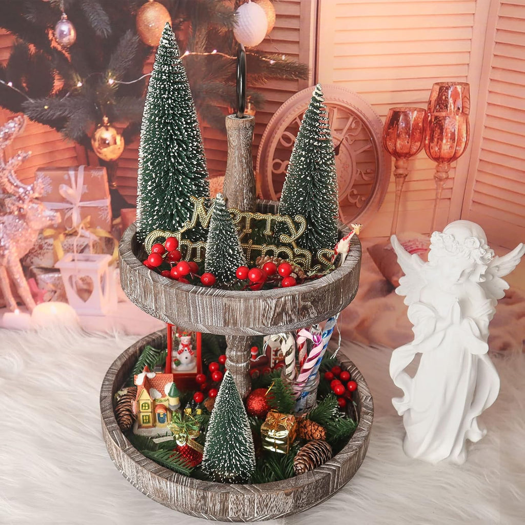 Skiennix Mini Christmas Tree - Small Pine Tabletop Decor with Wooden Bases | Green - Set of 4