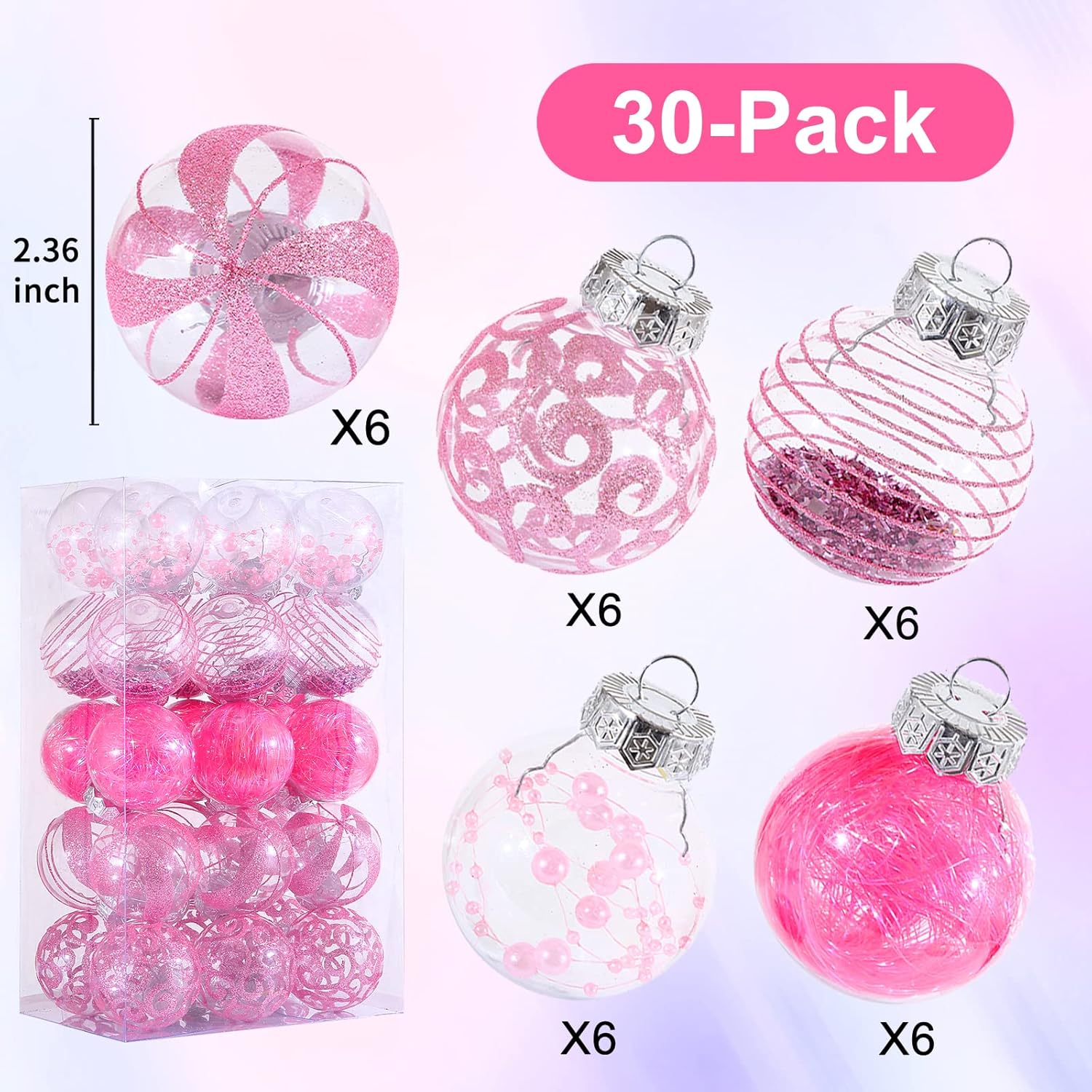 Regine Switzerland 30-Piece Christmas Ornaments Set - Shatterproof Clear Pink Baubles for Holiday Decor