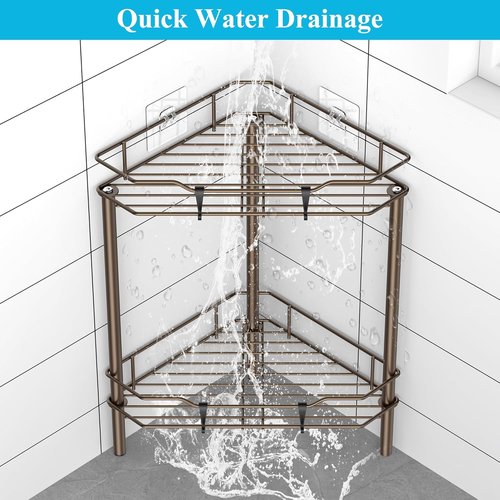 HuggieGems Corner Shower Caddy Organizer - 2 Tier Floor Stand with Hooks | Bronze Bathroom Shelf Rack