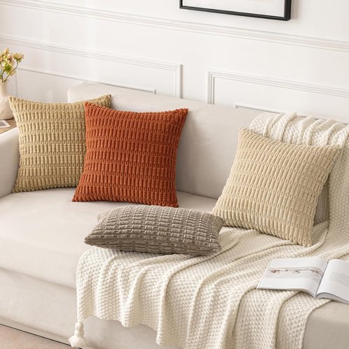 MIULEE Corduroy Throw Pillow Covers - Soft Boho Striped Design | 18x18 Inch Tan for Modern Farmhouse Decor