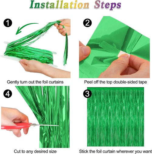 Green Streamer - 8 Pack Metallic Tinsel Fringe Curtains | 3.28 FT x 7.05 FT Dinosaur Backdrop for Jungle Party Decor