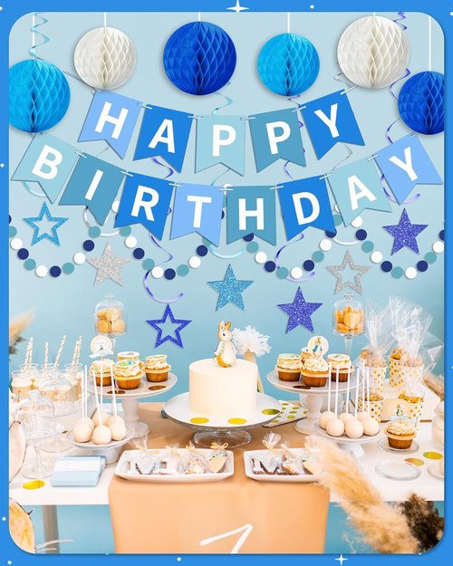 Blue Happy Birthday Decorations - Banner with Honeycomb Balls & Stars | Perfect Party Decor for All Ages