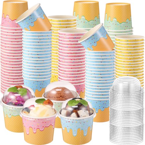 Jingmore 80 Count Paper Ice Cream Cups with Clear Dome Lids Disposable Dessert Cups Bulk Dessert Bowls Sundae Containers for Snack Yogurt Soup Birthday Ice Cream Party Supplies (6 oz)