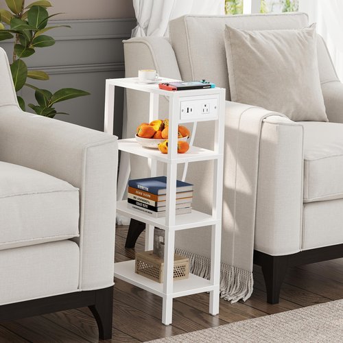 TUTOTAK Narrow Side Table with Charging Station,Small End Table with USB Ports and Outlets, Skinny Sofa Table, Slim Nightstand, Living Room, Bed Room, White TB01BW0802