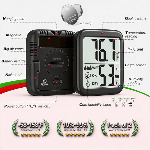 Antonki Room Thermometer & Hygrometer | Digital Indoor Temperature & Humidity Monitor - 2 Pack with Battery Included