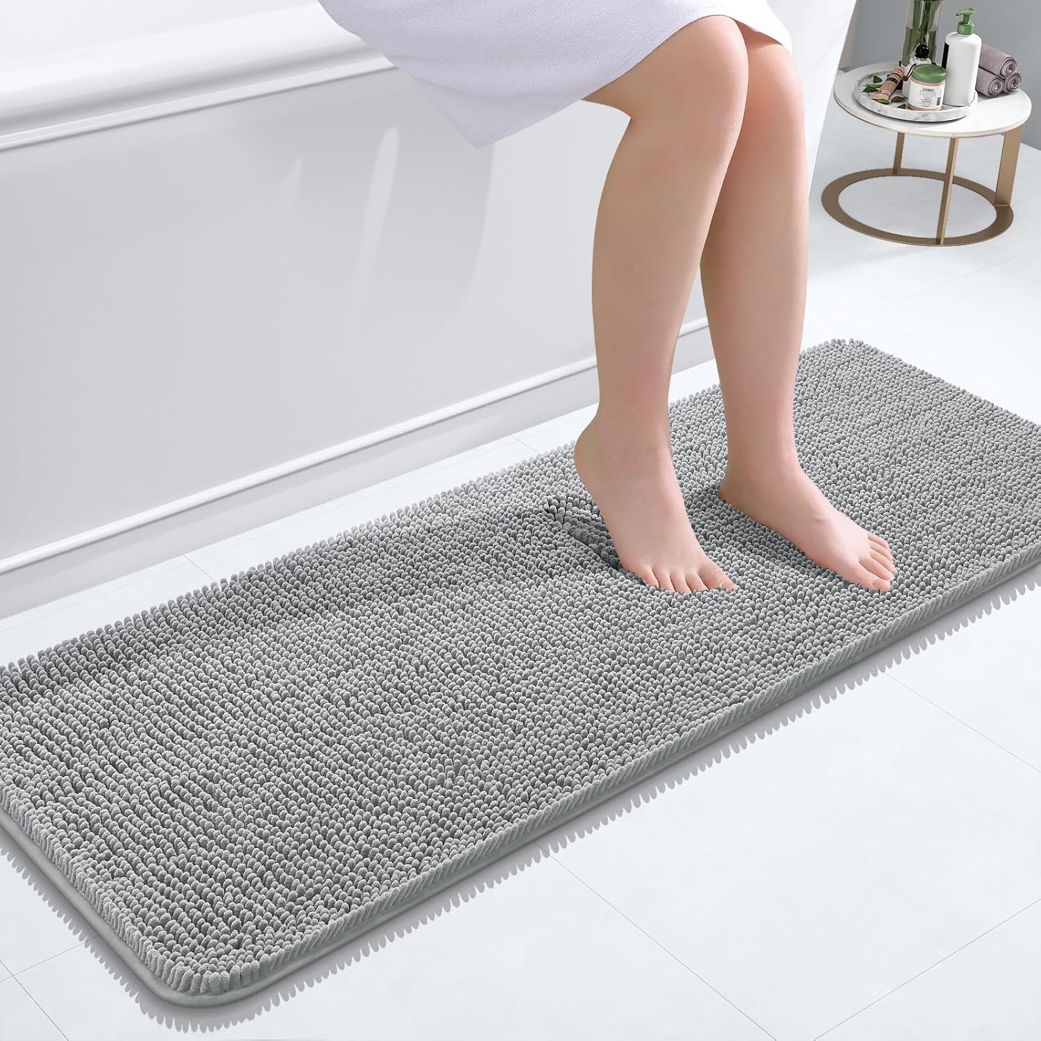OLANLY Bathroom Runner Rugs - Soft Absorbent Chenille Bath Mats | Quick-Dry Rubber Backing, 47x17, Light Grey