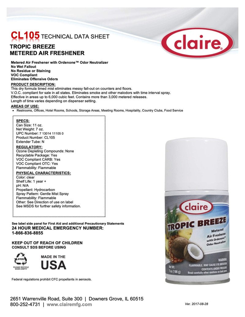 Claire CL105 Tropic Breeze Metered Air Freshener, 7 Ounce (Pack of 12)