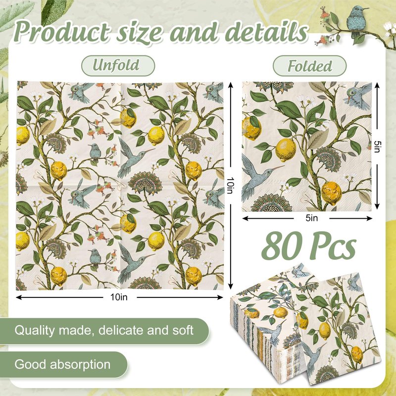 80Pcs Blue Bird Cocktail Napkin Lemon Tree Disposable Paper Napkins Vintage Beverage Napkins for Wedding Birthday Party Tableware Supplies