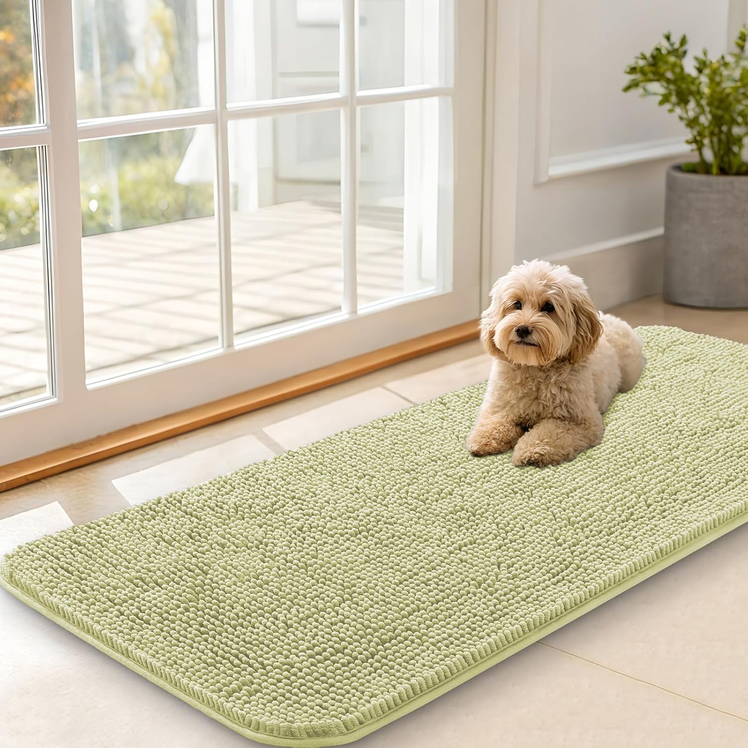 OLANLY Dog Door Mat - Absorbent Non-Slip Washable Chenille Mat for Muddy Paws | 47x20, Vanilla