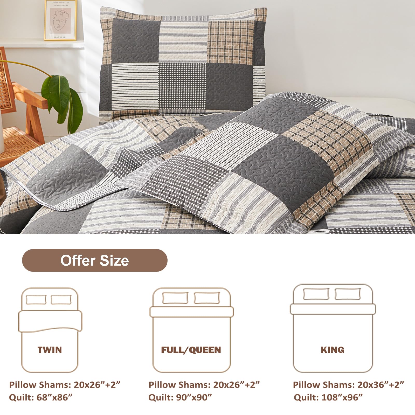 Brown Black Plaid Bedding Sets, 3 Pcs King Size Quilt Bedspread Checked Patchwork Print Coverlets Bedcover Reversible Bed Cover Country Bedroom Decor(96"x 108")