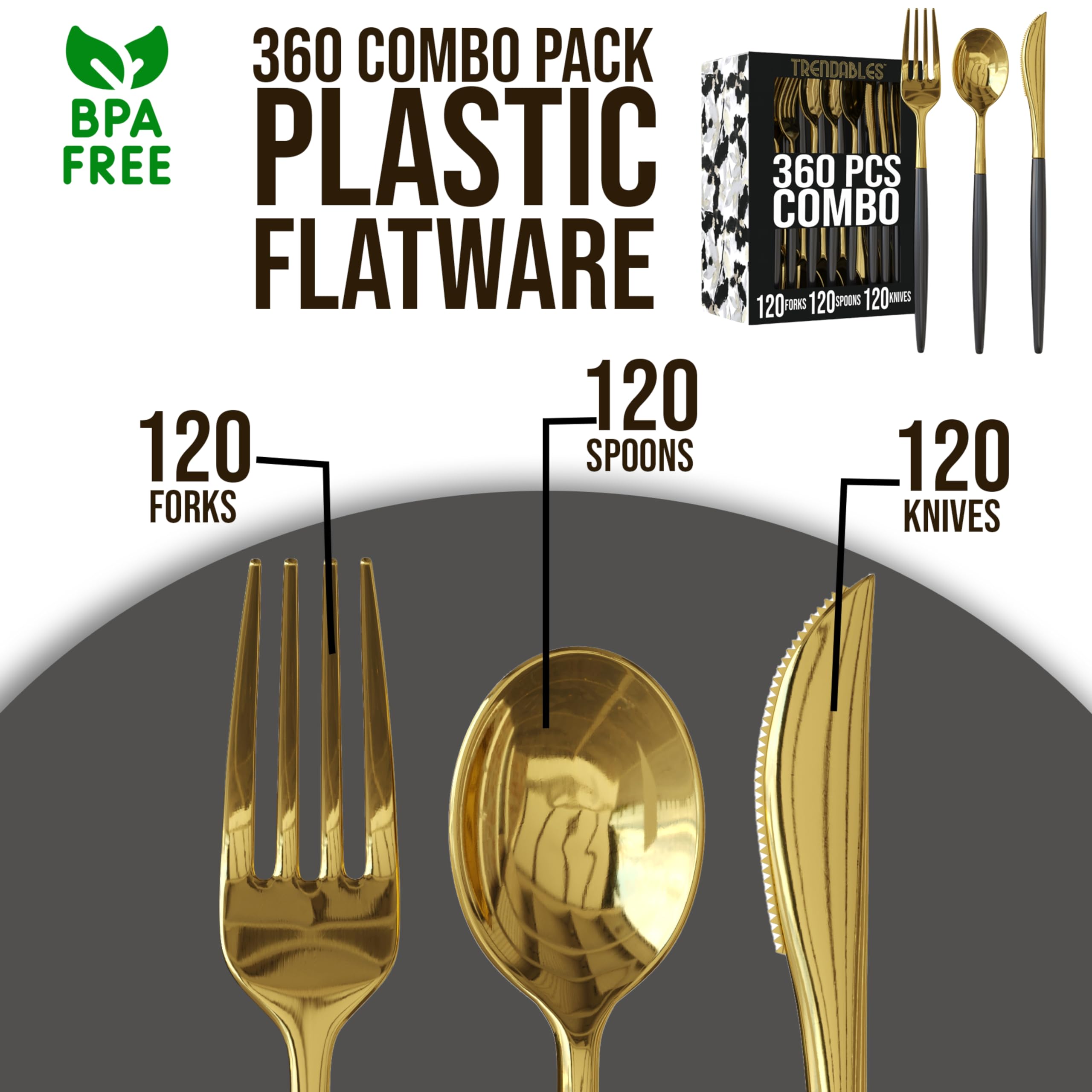 Trendables 360 Pack Disposable Silverware Set - Dinnerware Set Includes 120 Forks, Spoons, Knives in Black & Gold