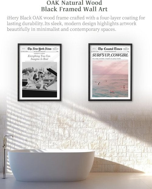 iHery Premium Black Oak Wood Framed Wall Art - Surf’s Up Coastal Cowgirl Canvas Decor | 12x16in