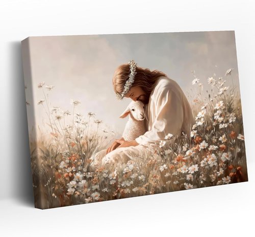 Jesus and the Lamb Canvas Wall Art - Christian Decor for Bedroom & Living Room | Framed Religious Print