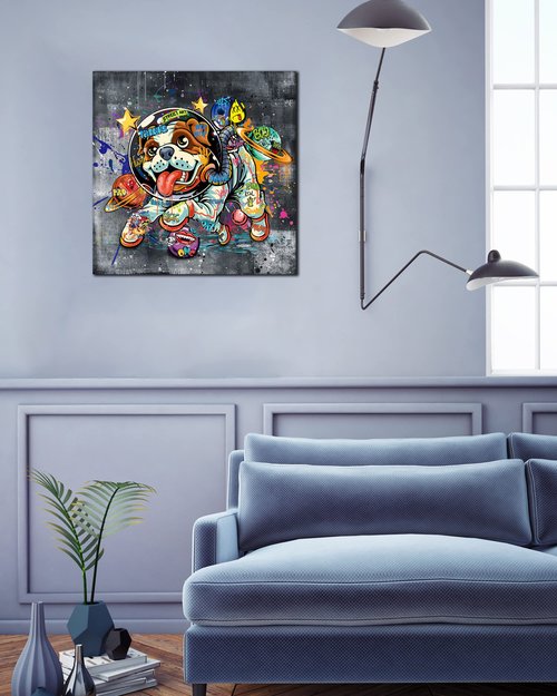 Kepgonegu Canvas Wall Art Funny Dog in Spacesuit Picture Banksy Graffiti Wall Art Ready to Hang Size 20”W x 20”H