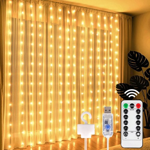 DomeStar 300 LED Curtain Lights - 9.8 x 9.8 FT Fairy Lights with 8 Modes Remote | Warm White Ambient Decor for Bedroom & Parties