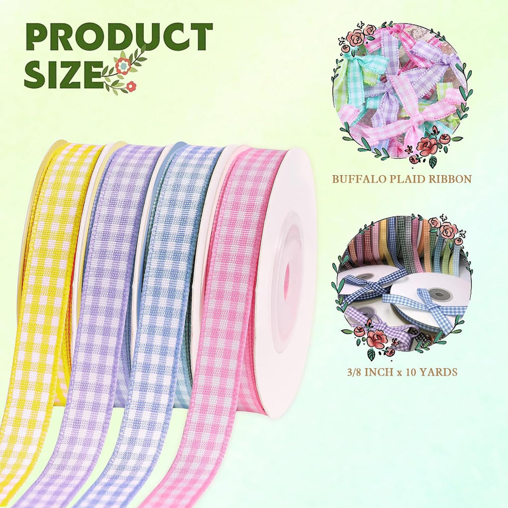 Skiennix Gingham Ribbon - Thin Checkered Polyester for Gift Wrapping & DIY Crafts | 10 Yds x 3/8 In, 4 Rolls in Pink/Purple/Blue/Yellow