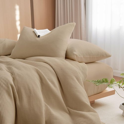 Wake In Cloud - Waffle Cotton Comforter Set, 100% Cotton Fabric Bedding, Waffle Weave Knit Textured Neutral Farmhouse Soft Lightweight, 3 Pieces, Tan, Queen Size