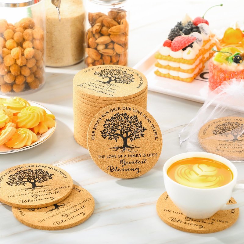 Teenyyou 25 Set Family Reunion Favors Include Our Roots Run Deep Our Love Runs Deeper Cork Coaster Absorbent Cork Mat with Card Organza Bag Summer Party Gift for Gathering Picnic