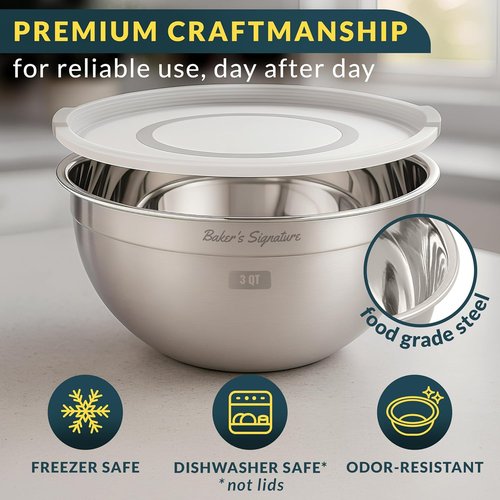 Baker's Signature Stainless Steel Mixing Bowls Set - 5 Nesting Bowls with Lids | Dishwasher Safe, 0.5-5 Qt