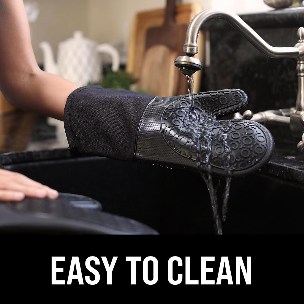 Skiennix BPA-Free Silicone Oven Mitts | Ultra Heat Resistant Up to 500°F - Black 13.7" with Cotton Liner