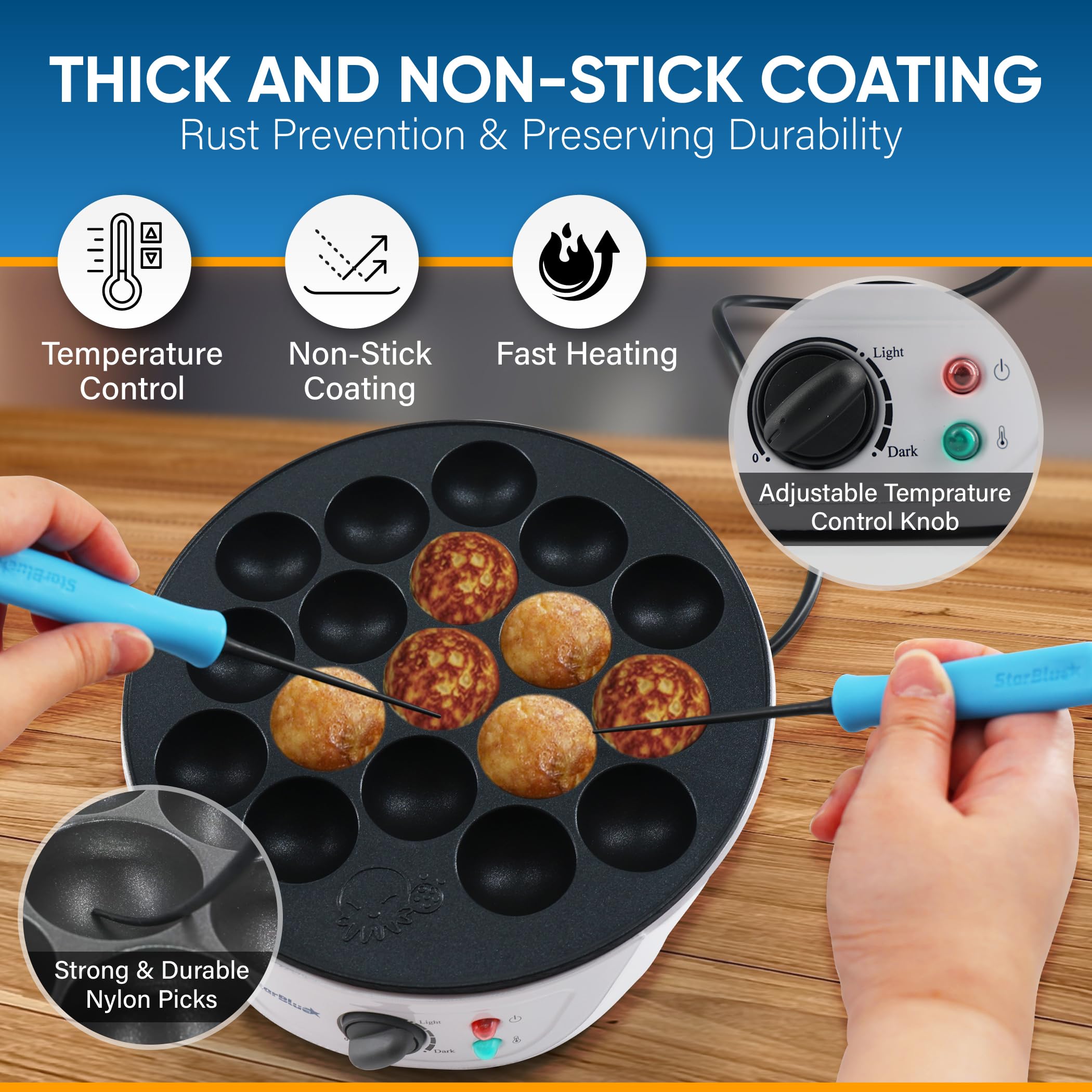 Takoyaki Maker Machine by StarBlue with FREE Takoyaki Picks - Temperature Control 18 Holes Electric Japanese Octopus Balls Pan with Nonstick Surface 120V 60Hz 700W