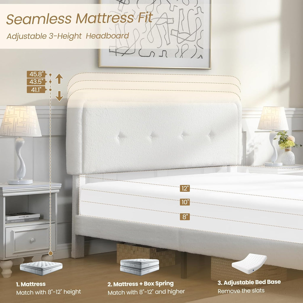 Skiennix Full Size Cloud Bed Frame - Adjustable Upholstered Headboard, Modern Boucle Fabric, Easy Assembly (White)