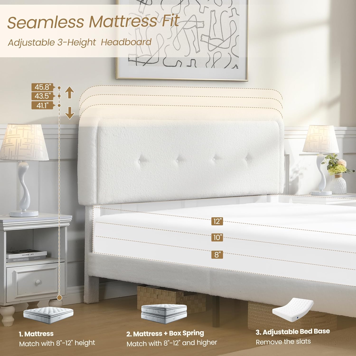 Skiennix Full Size Cloud Bed Frame - Adjustable Upholstered Headboard, Modern Boucle Fabric, Easy Assembly (White)