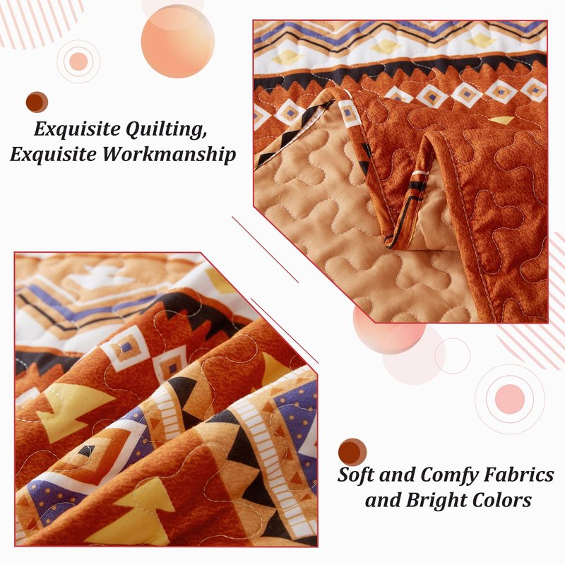 WONGS BEDDING 3 Pieces Quilt Set Queen Size, Burnt Orange/Rust Thanksgiving Quilt Bedspread Bohemian Coverlet Set with 2 Pillowcase, Fall Soft Thanksgiving Bedding Set for All Season 96"×90"