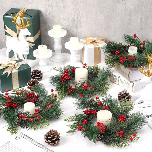 Knitgrip Mini Christmas Candle Rings - 4 Pcs Red Berry Pinecone Wreaths for Holiday Decor | Table Centerpieces
