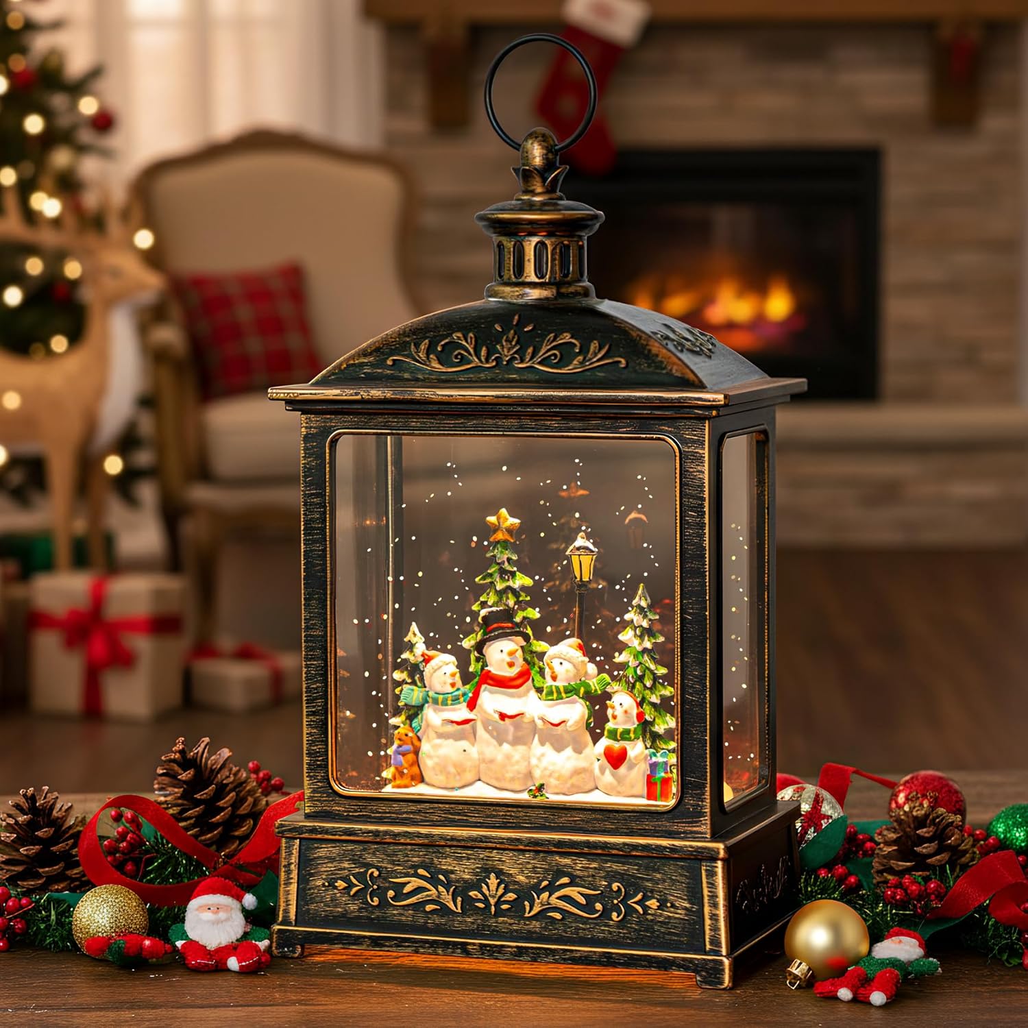 Skiennix 12.5'' Christmas Snow Globe Lantern - Lighted Snowman Choir with Musical Features | Battery Operated & USB Powered Home Decoration