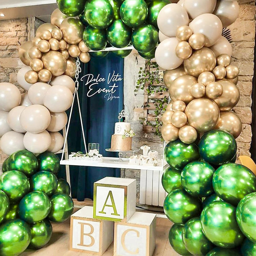 PartyWoo Metallic Green Balloons - 100pcs in 5-18 Inch Sizes for Graduation & Wedding Decor