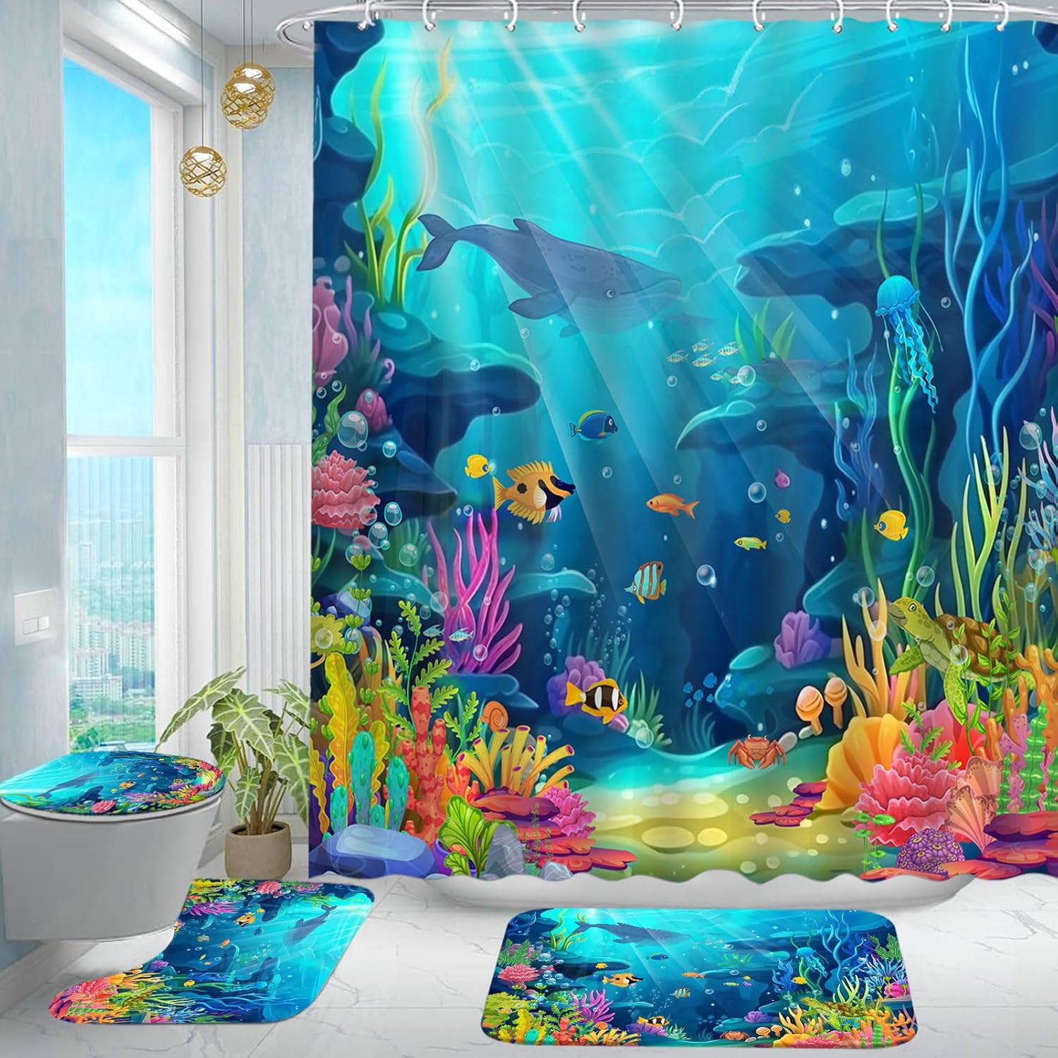 Skiennix Ocean Shower Curtain Set - Tropical Underwater World Design with Non-Slip Bath Rugs & Toilet Lid Cover | 4-Piece Kids Bathroom Decor