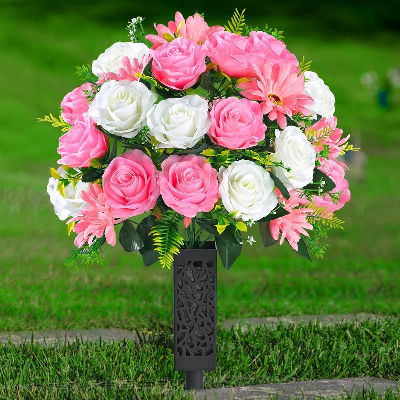 Yastouay 3 Sets Artificial Cemetery Flowers for Grave with Vase, Grave Decorations for Cemetery with Rose Carnation Flowers for Memorial Cemetery Grave Tombstone Decorations