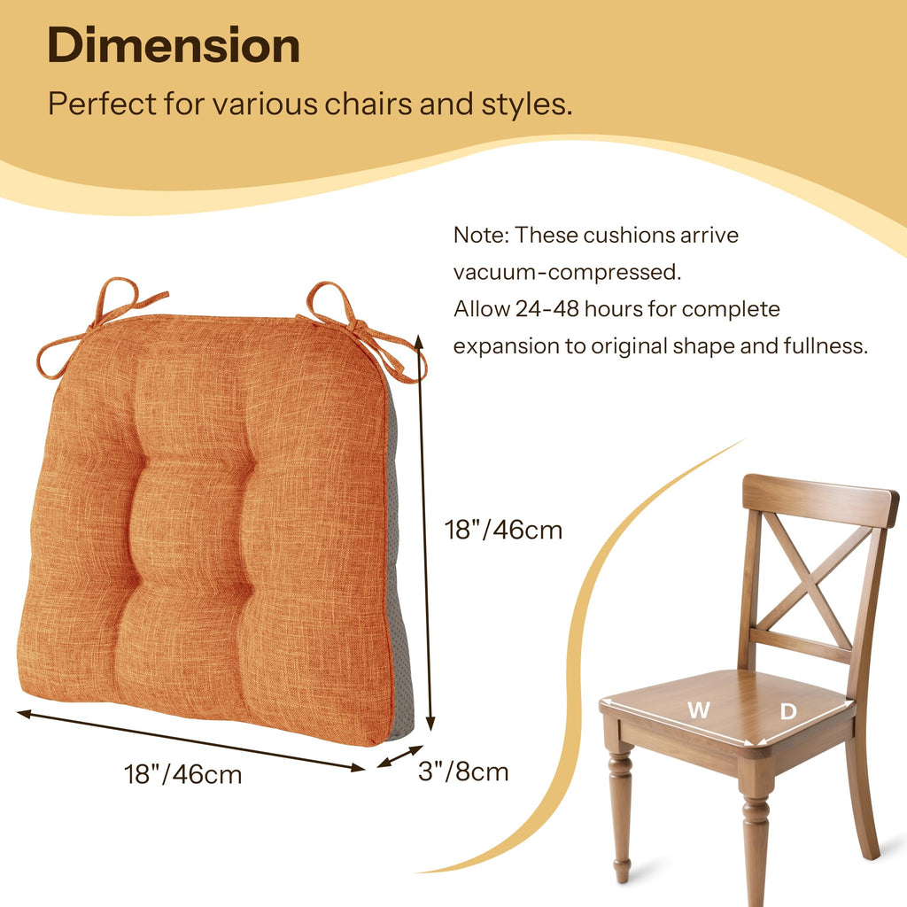 FlyGulls Non Slip Chair Cushions for Dining Chairs Set of 4 Kitchen Chair Cushions 18"x18"x3" Turfted Chair Pads Comfortable and Soft Seat Cushion with Ties, Orange